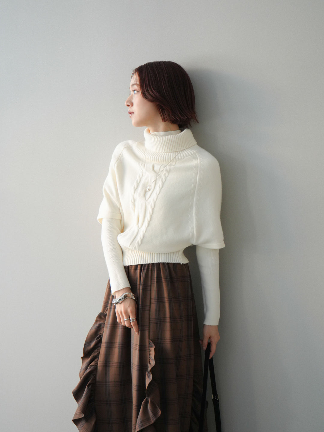 [予約]ケーブル編みタートルハーフスリーブニットアンサンブル/ivory