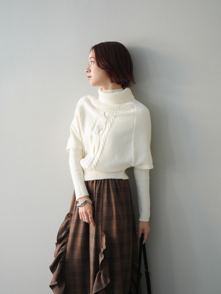 [予約]ケーブル編みタートルハーフスリーブニットアンサンブル/ivory