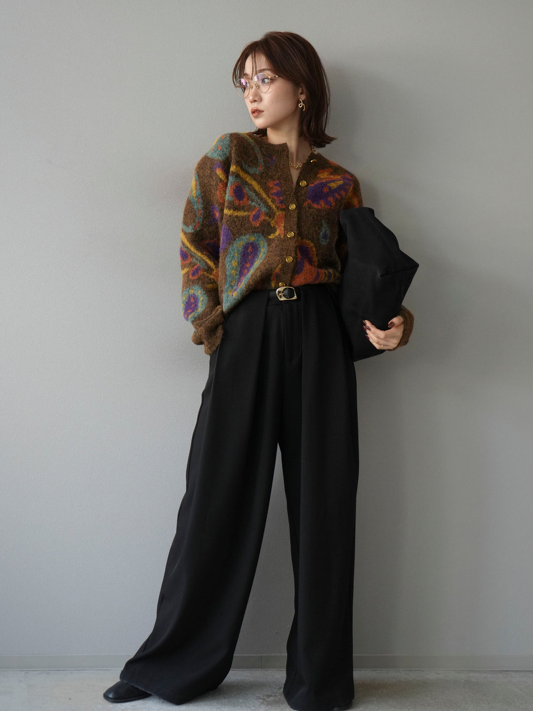 [SET]ミックスヤーンペイズリー柄ニットカーディガン+ベルトループデザインワイドパンツ(2set)