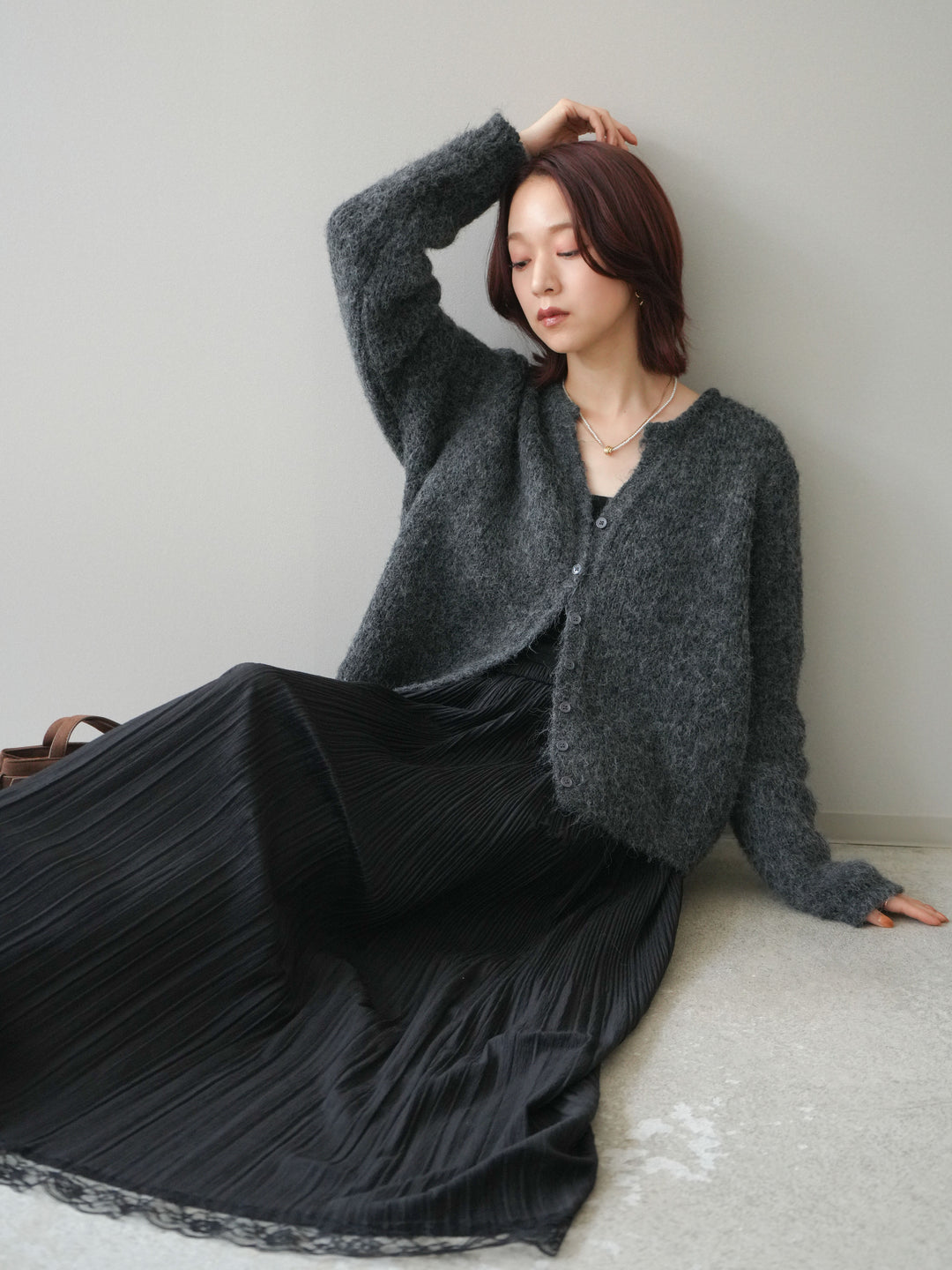 [予約]キーネックシャギーニットカーディガン/gray