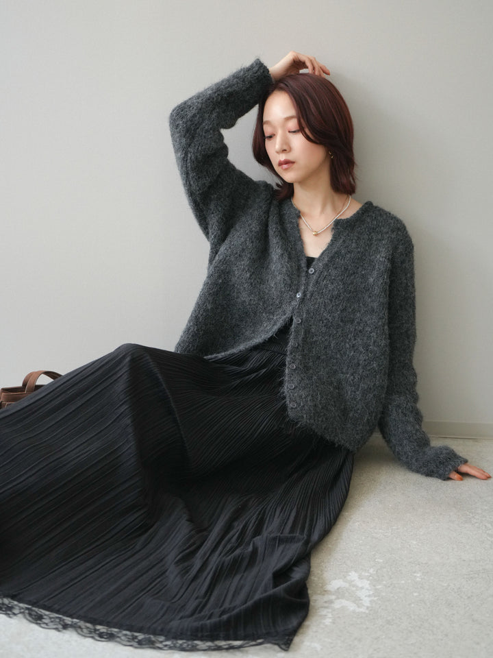 [予約]キーネックシャギーニットカーディガン/gray