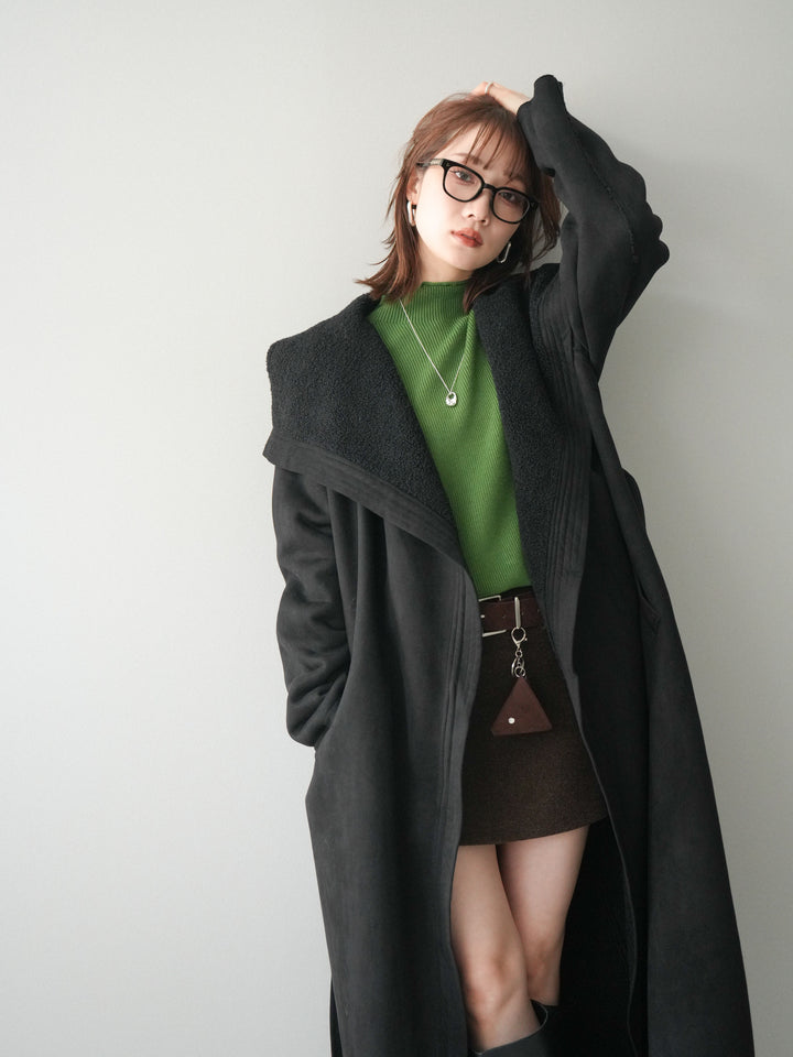 [SET]BIGカラームートンコート+ボトルネック裾カールリブニットトップス(2set)