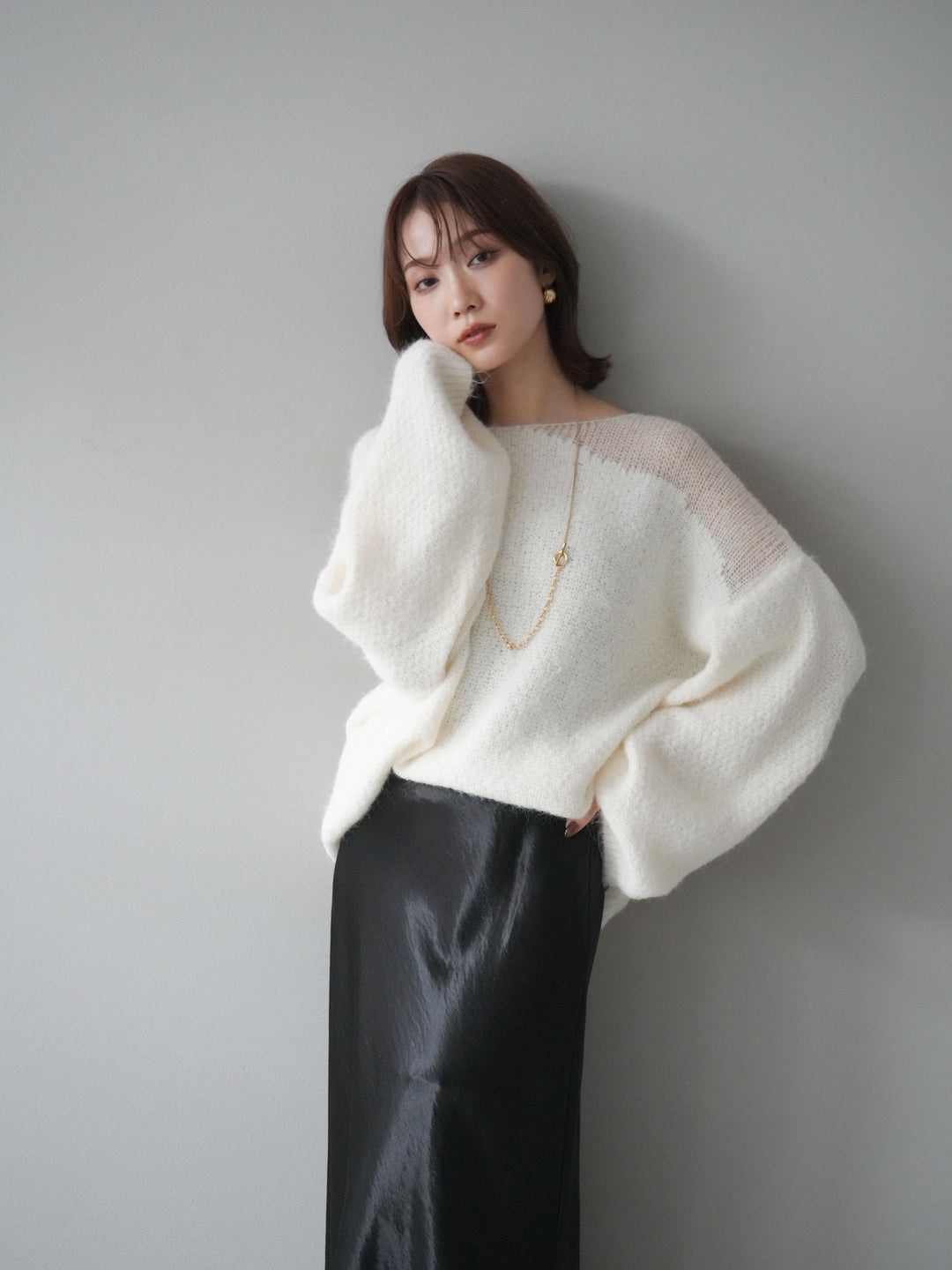 [予約]ネック透かし編みニットプルオーバー/ホワイト