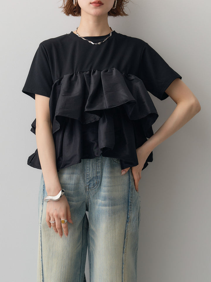 【預購】荷葉邊層疊T卹/黑色