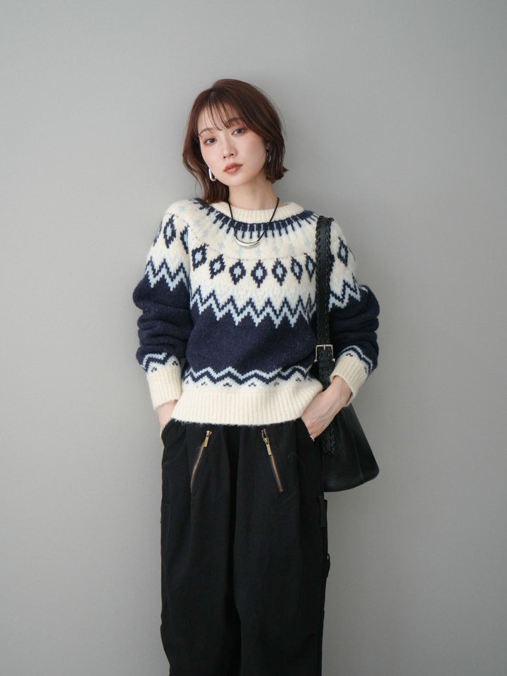 [予約]ノルディック柄ニットプルオーバー/navy