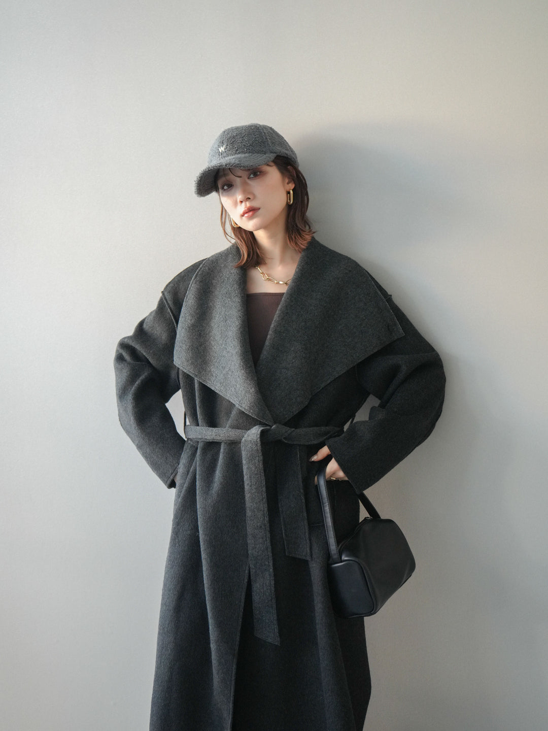 [予約]ダブルフェイスバイカラーロングコート/charcoal