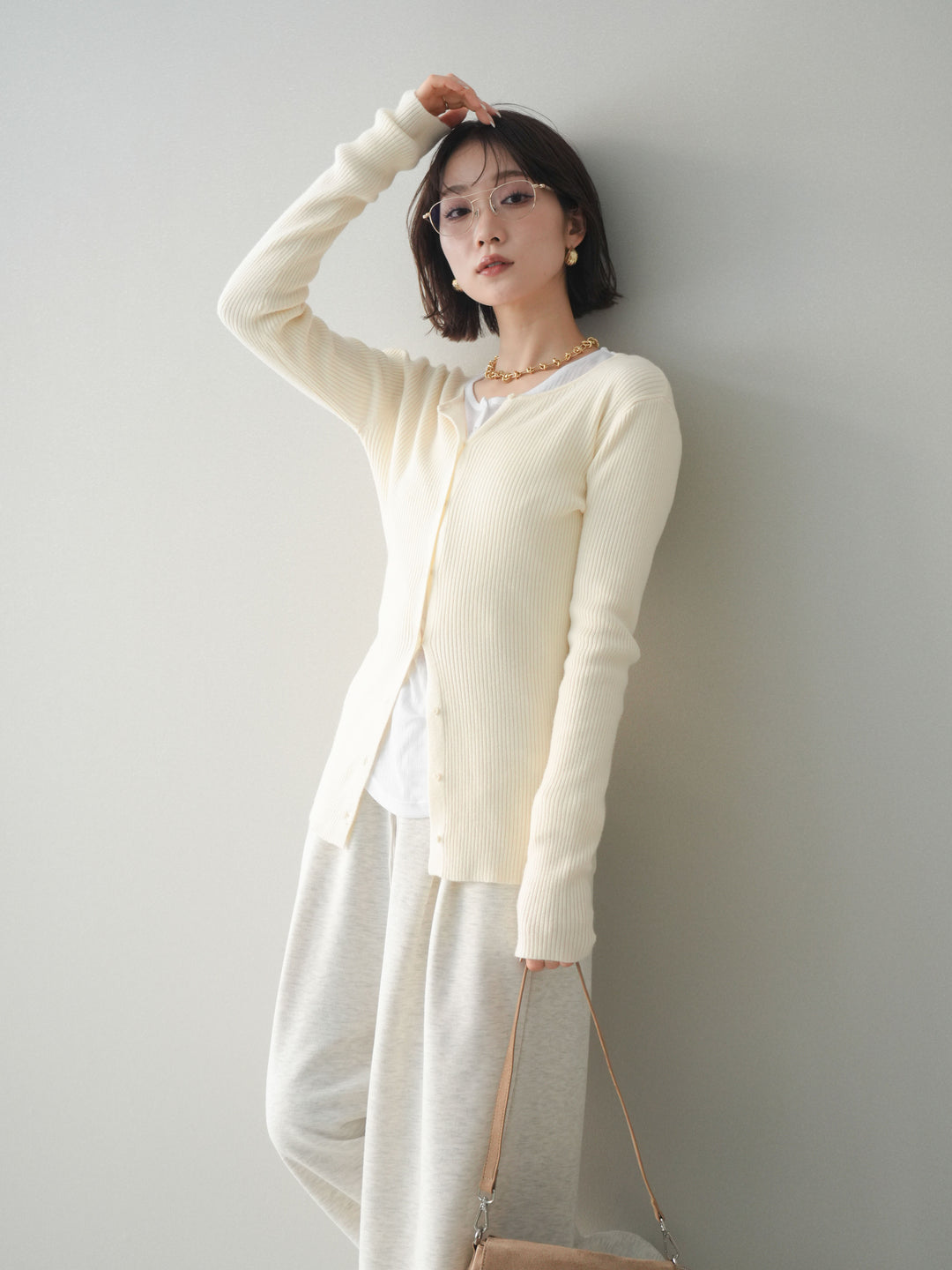 [予約]前後2WAYリブ編みクルーネックカーディガン/ivory