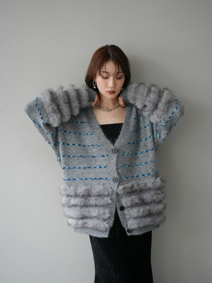 [SET]フェザーライン配色シャギーニットカーディガン+ベロアプリーツナロースカート(2set)