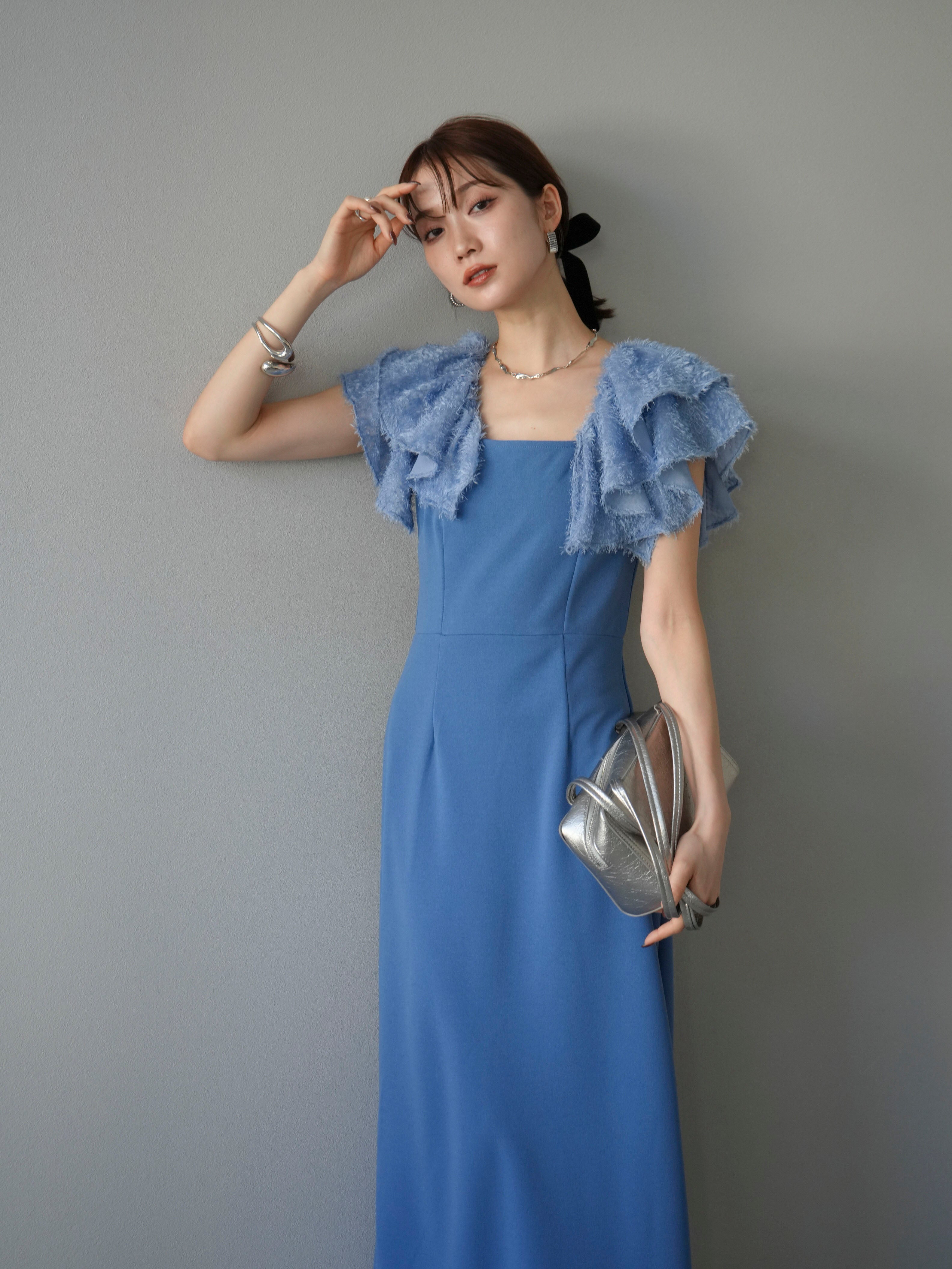 予約]ジャガードフレアスリーブドレス/ブルー – Lumier