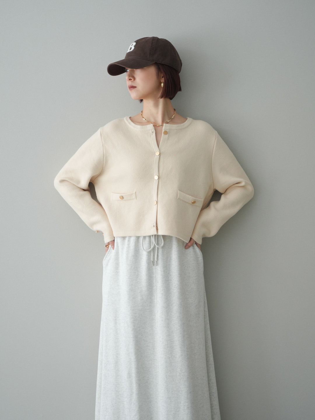 [SET]ゴールドボタンノーカラーニットジャケット+選べるアクセセット(2set)