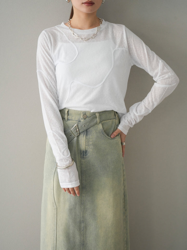 【預購】繩繡透視長袖T卹/米白色