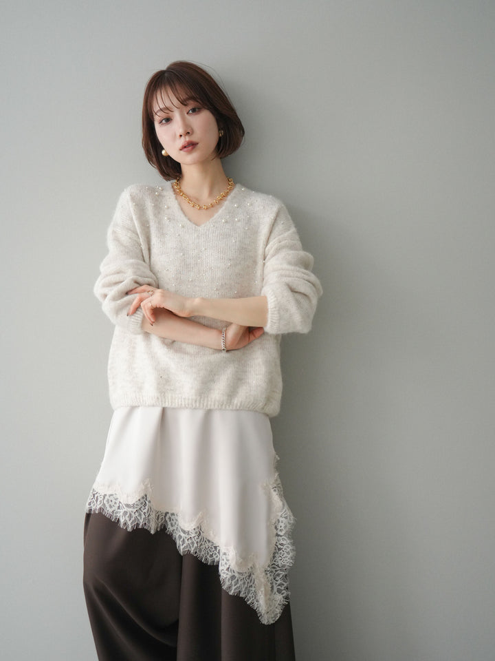 [SET]パール×ビジューVネックニットプルオーバー+アシンメトリーサテンレースキャミソール+テープベルトタックバギーパンツ(3set)