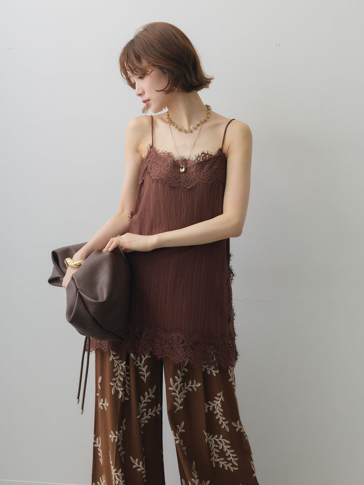 [予約]ワッシャーテクスチャーレーストリムキャミソール/brown