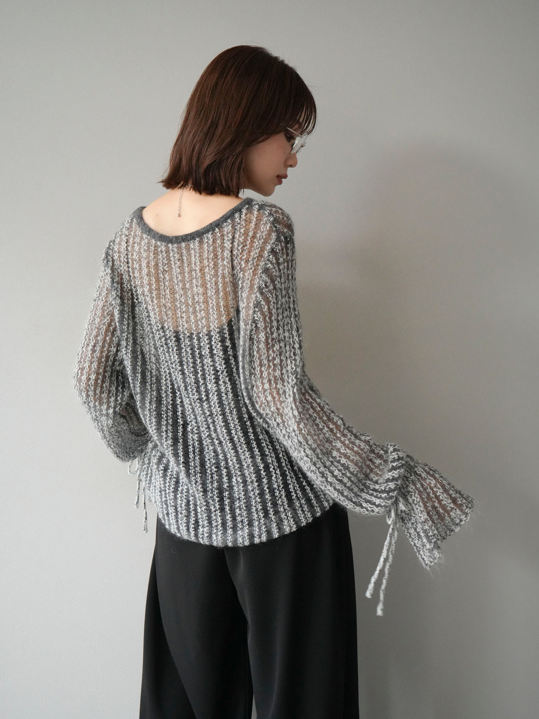 [予約]ストライプメッシュニットプルオーバー/グレー