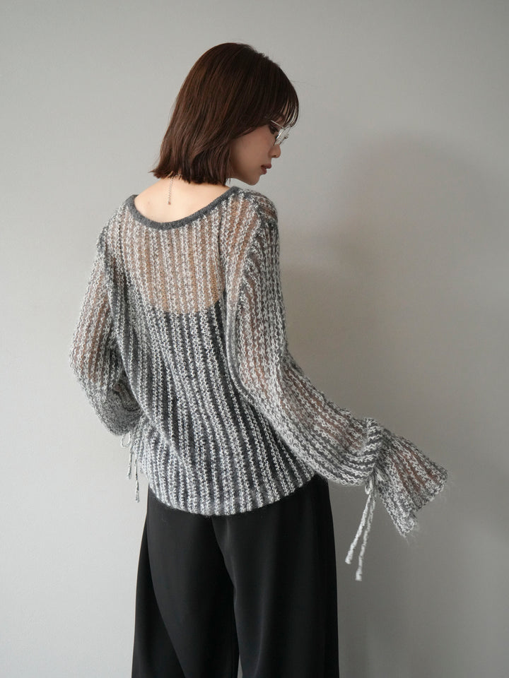 [予約]ストライプメッシュニットプルオーバー/グレー