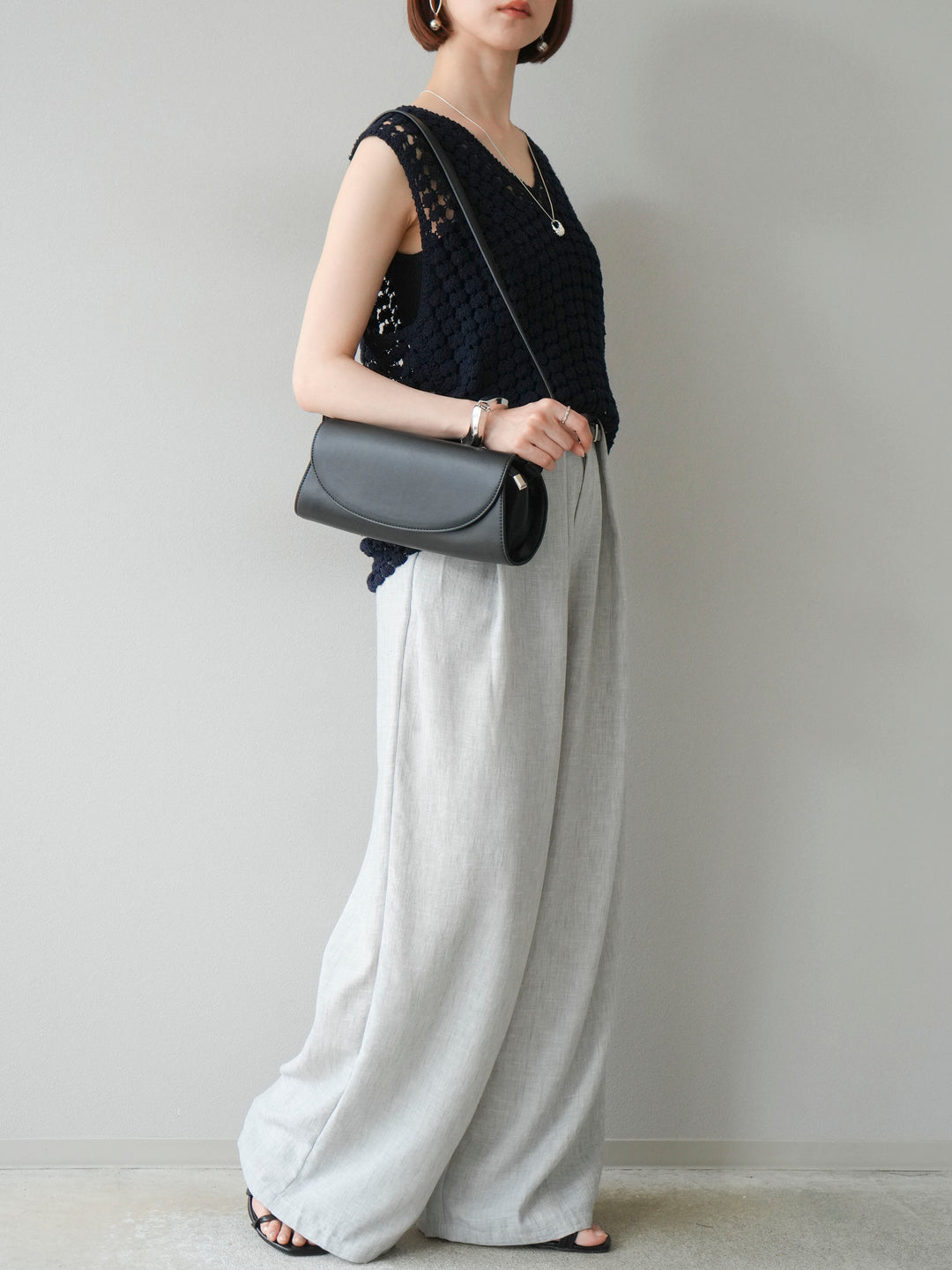 [予約]リネンライクベルト付タックループワイドパンツ/ライトグレー