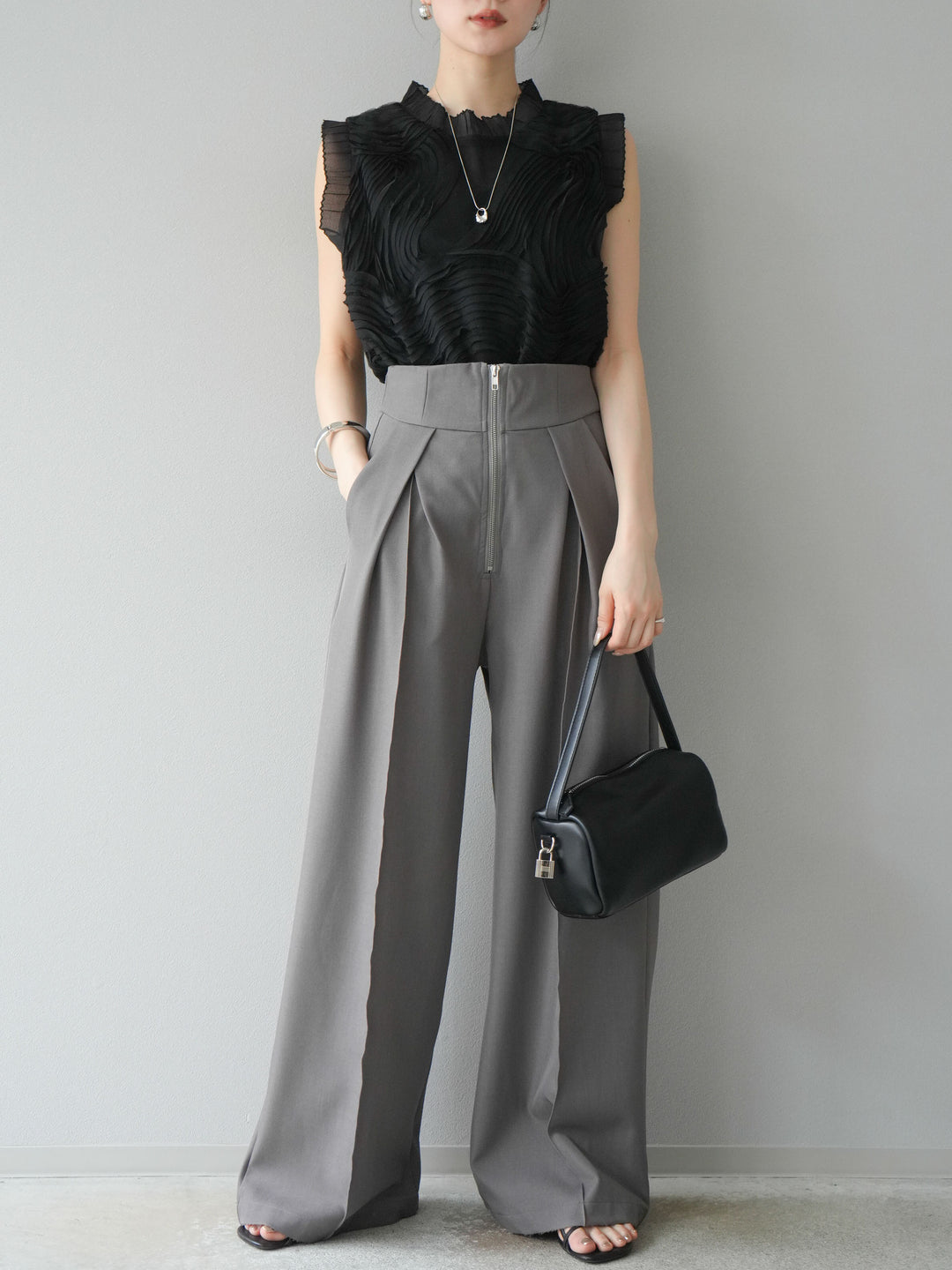 [予約]チュールジャガードノースリブラウス/ブラック