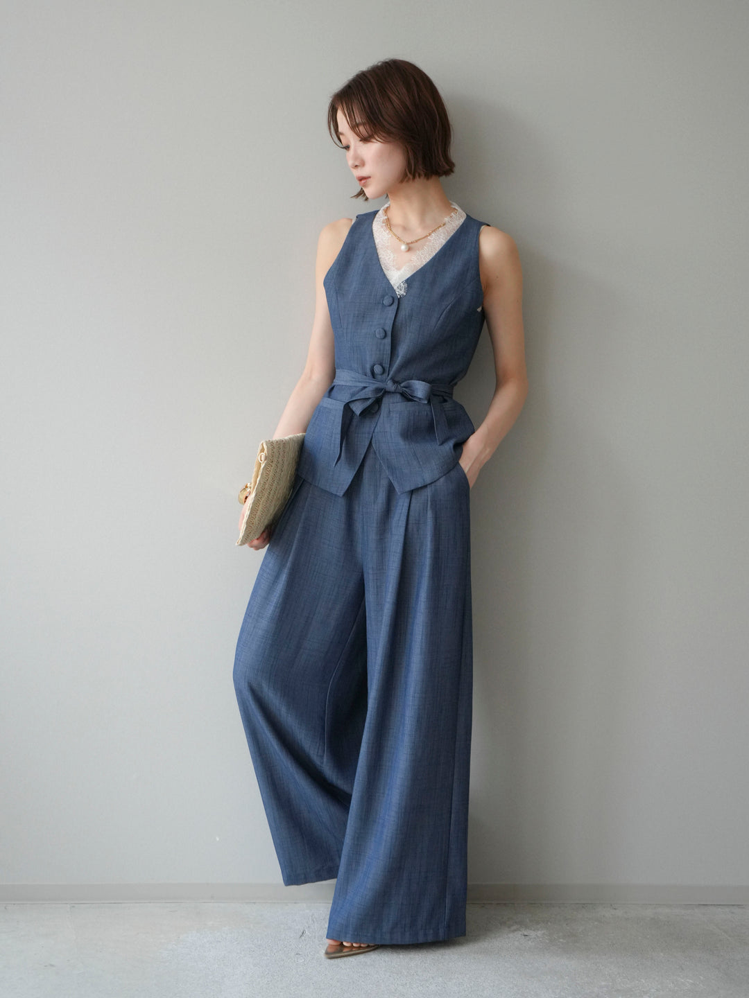 【套裝】蕾絲邊背心和垂褶褲套裝（2 套）