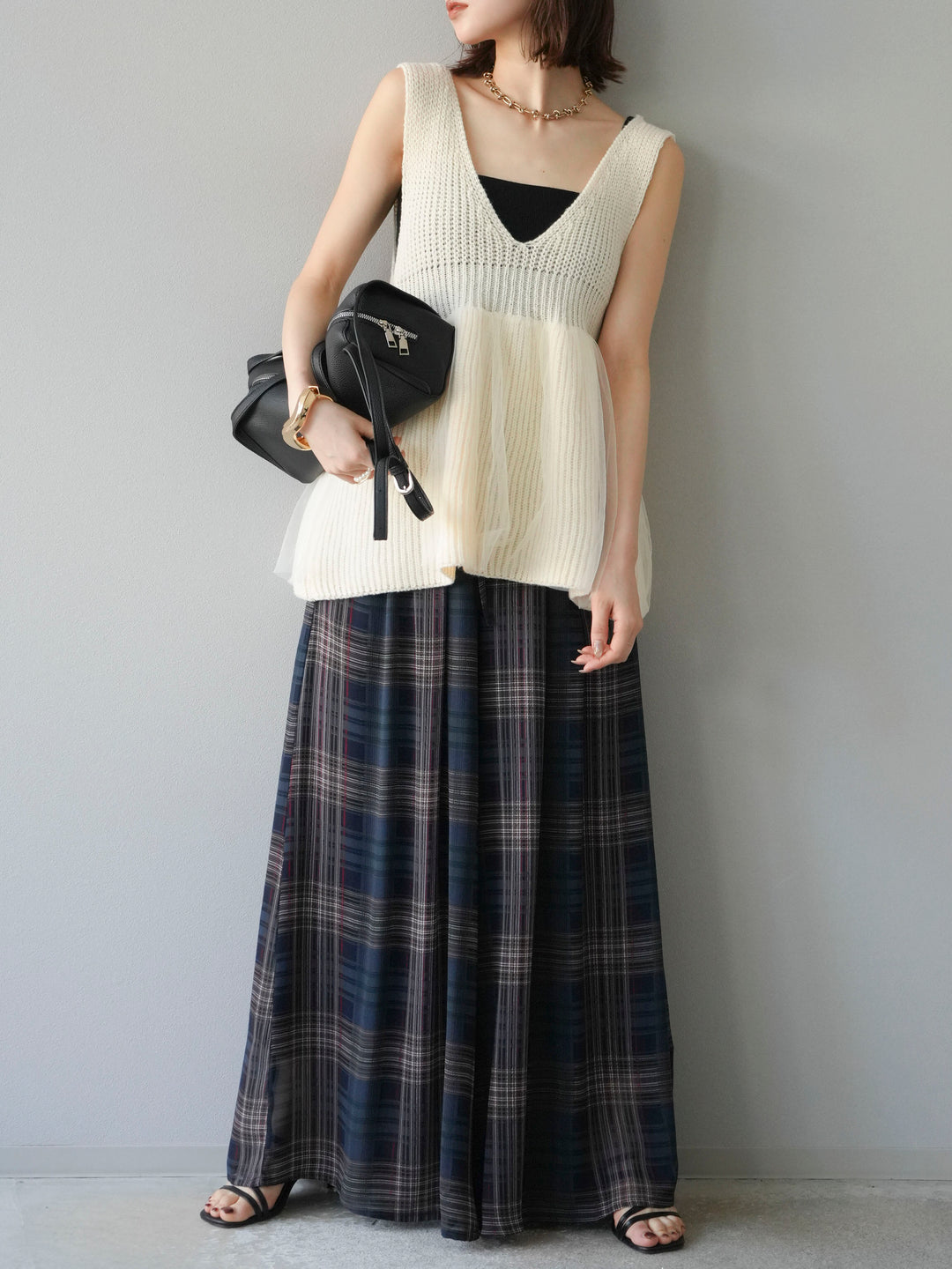 [予約]チュールレイヤードペプラムニットベスト/アイボリー