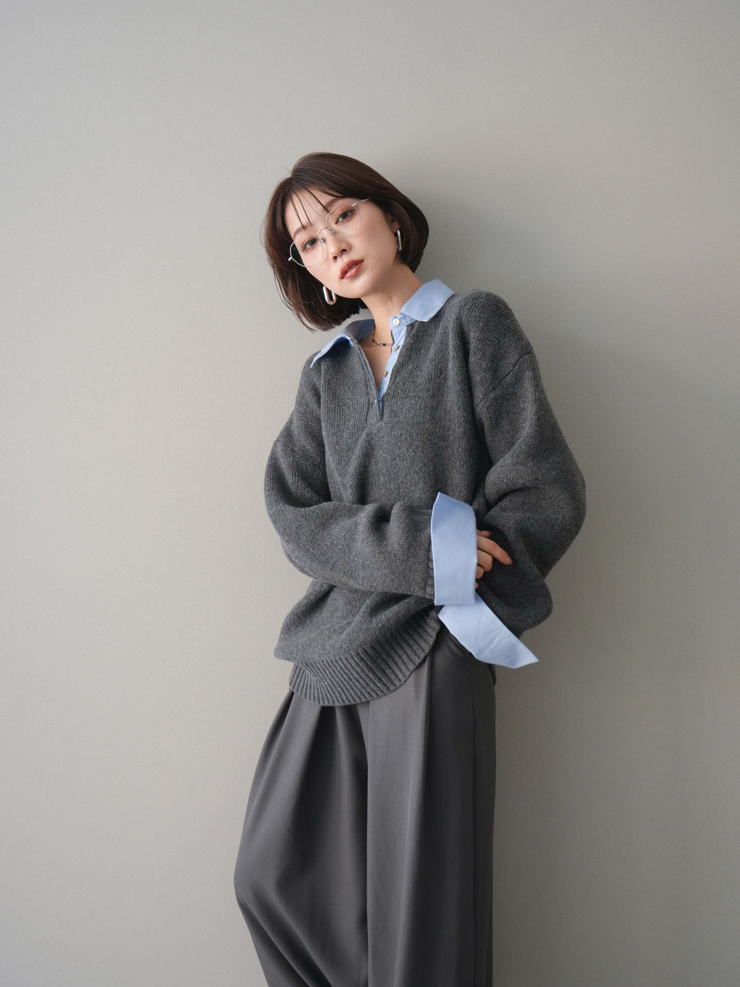 [予約]シャツドッキングオーバーニットプルオーバー/charcoalsax