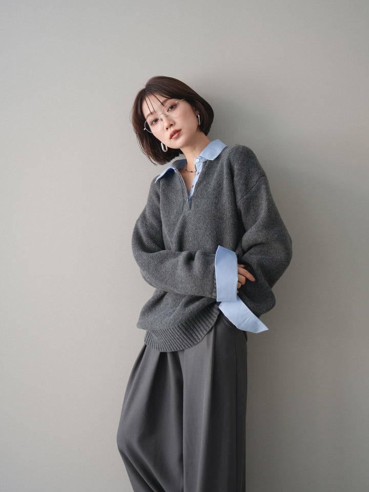 [予約]シャツドッキングオーバーニットプルオーバー/charcoalsax