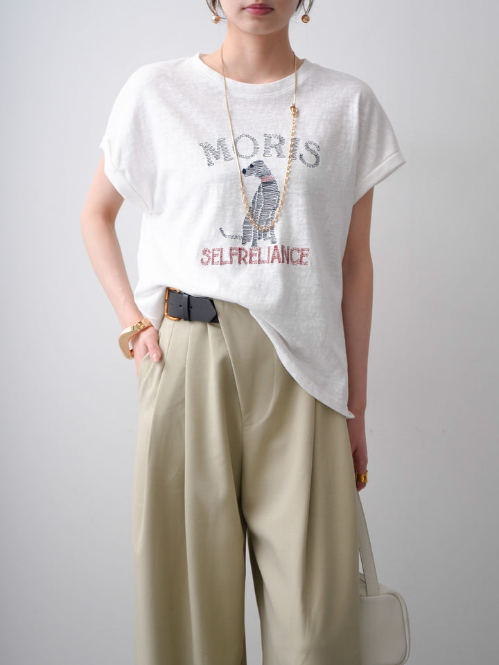 [SET]ドッグエンブロイダリーTEE+アシンメトリーベルトタックワイドパンツ(2set)