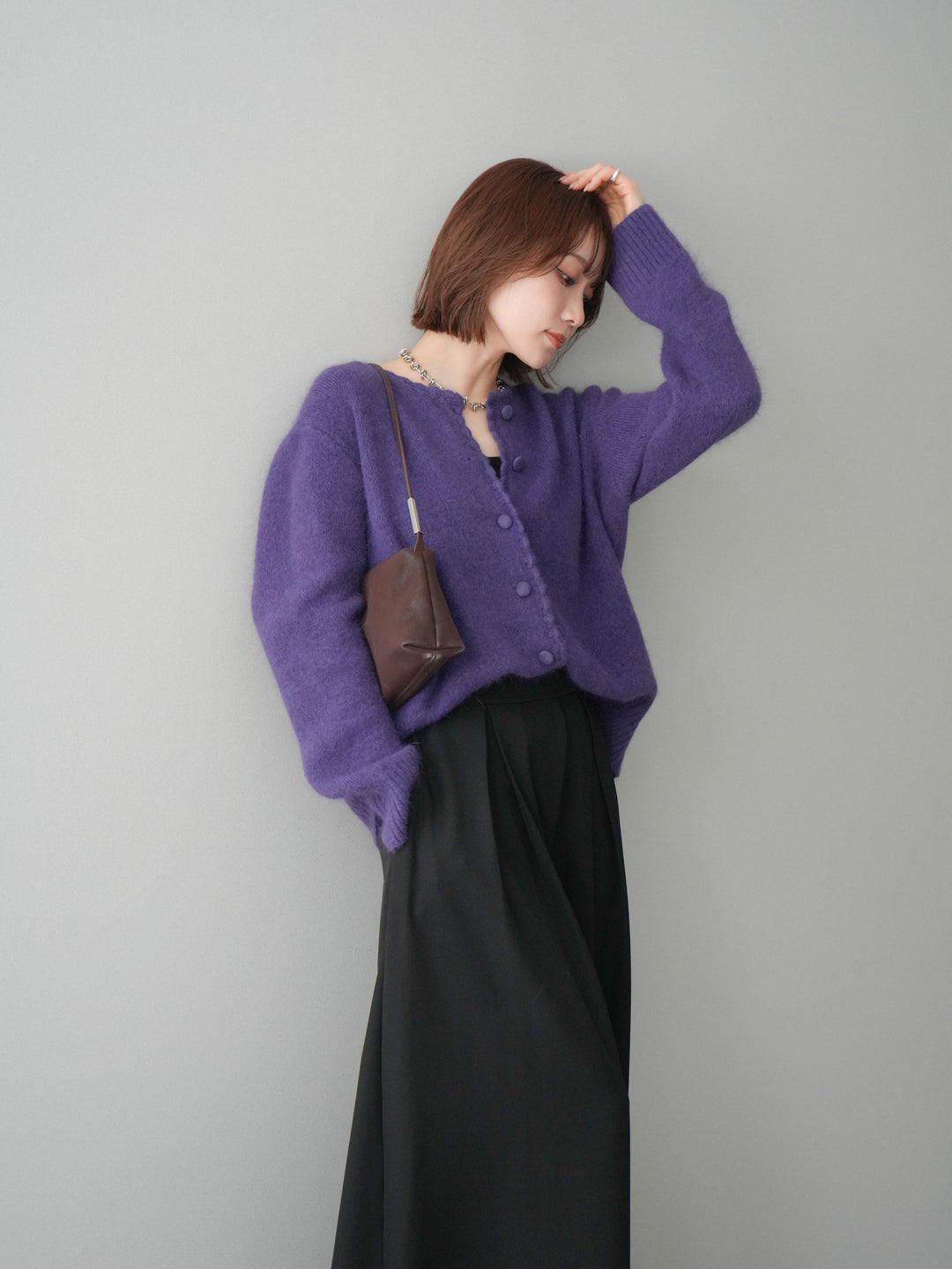 [SET]くるみボタンニットカーディガン+テープベルトタックバギーパンツ(2set)