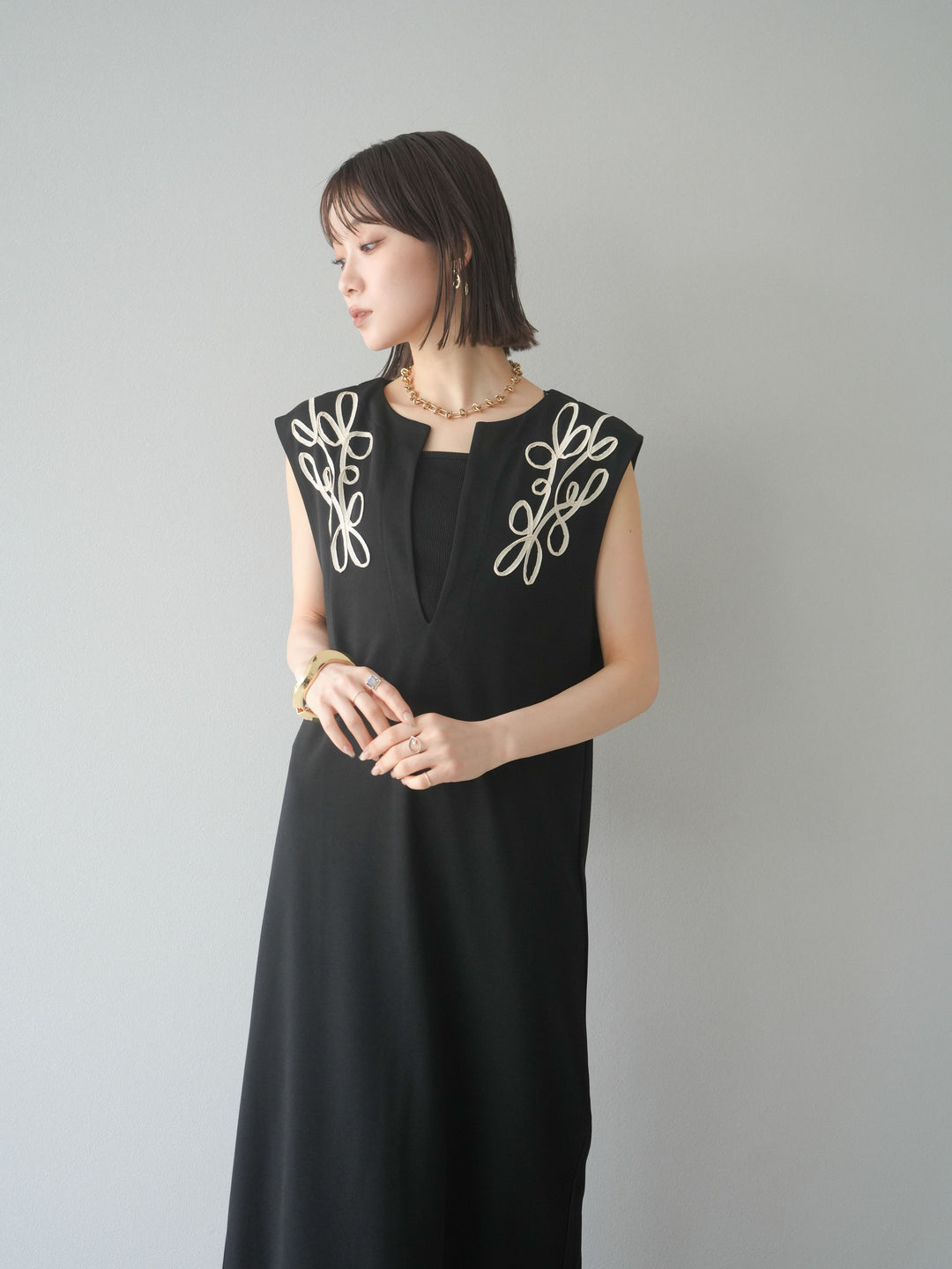 [予約]ライトポンチコード刺繍ワンピース/ブラック