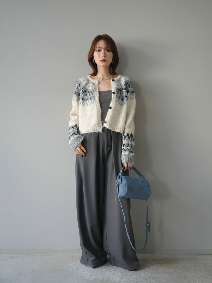 【着回しセット】[SET]求心柄クロップドニットカーディガン+異素材ミックスヤーンニットプルオーバー+ベルトループデザインワイドパンツ(3set)
