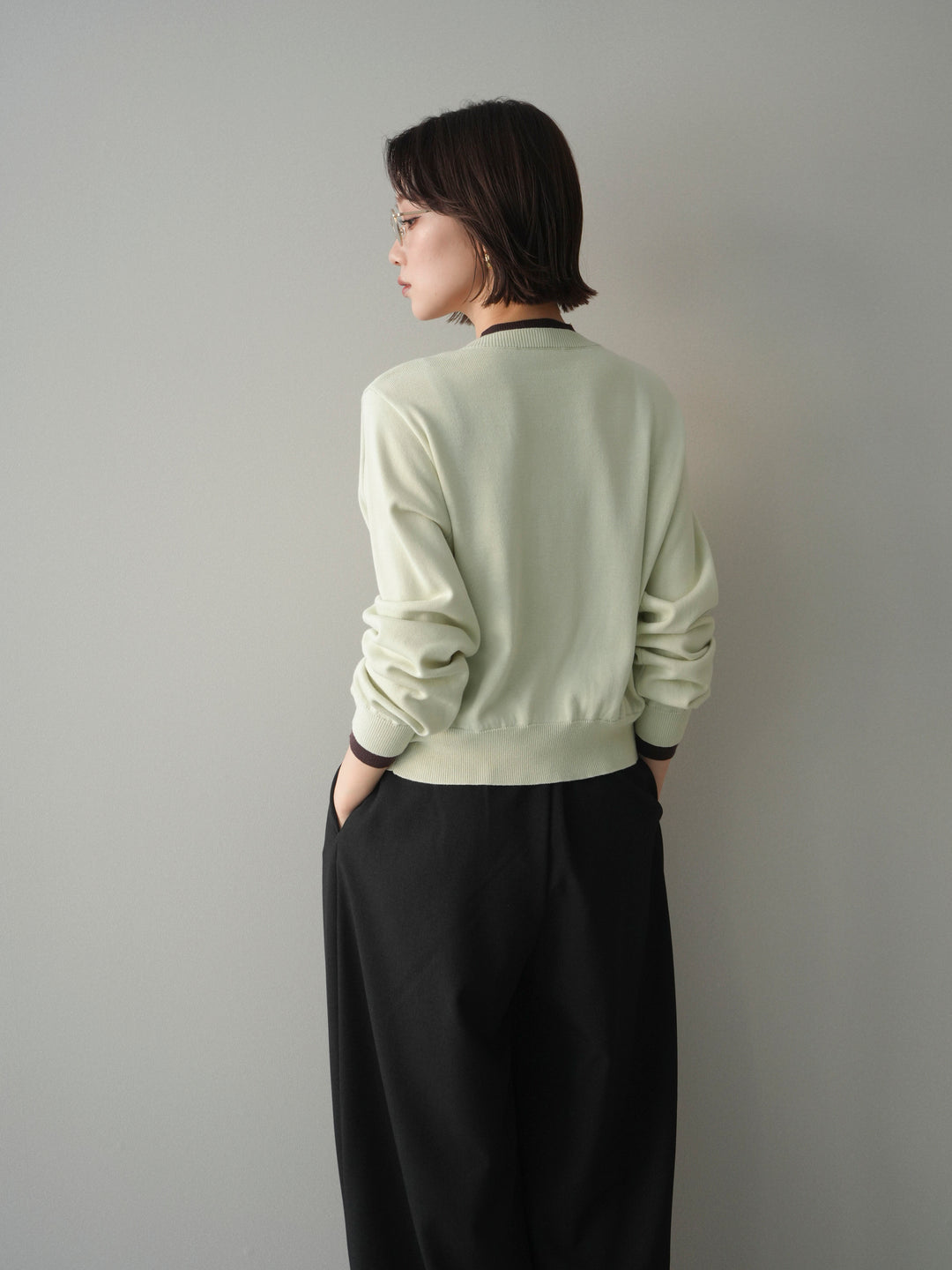 [予約]配色レイヤードコットンアクリルニットカーディガン/mint