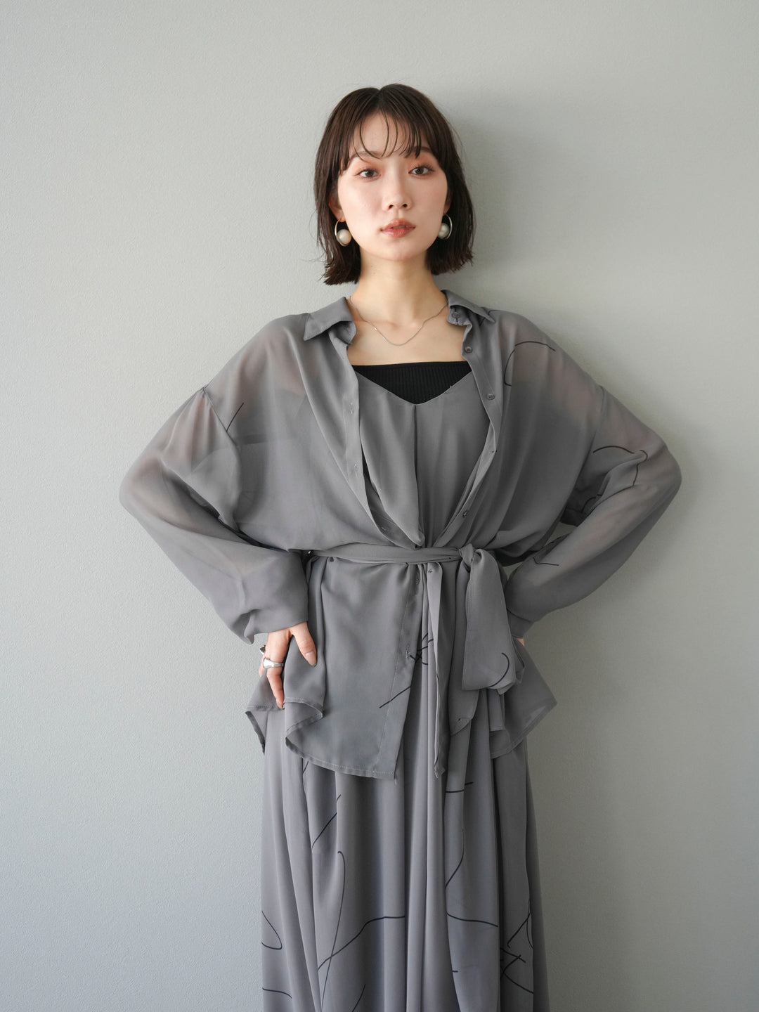 [SET]ペンタッチシフォンキャミワンピース+ペンタッチシフォンシャツ(2set)