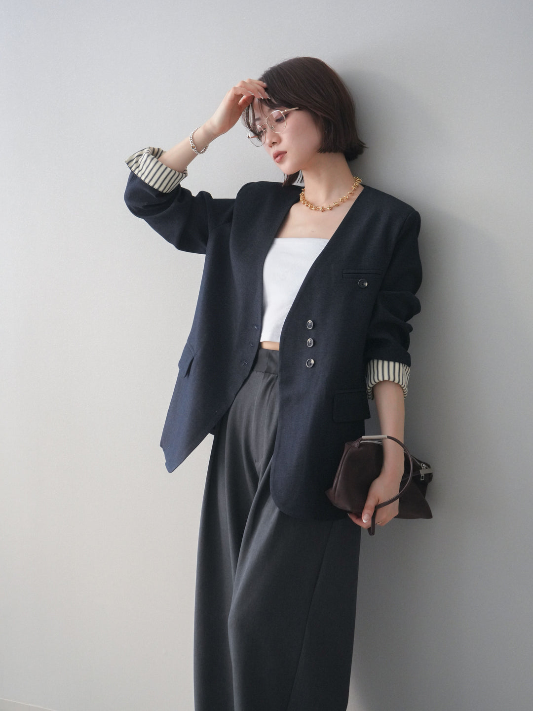 [SET]ノーカラージャケット+カップ付テレコリブベアキャミソール+サテンベルトタックワイドパンツ(3set)