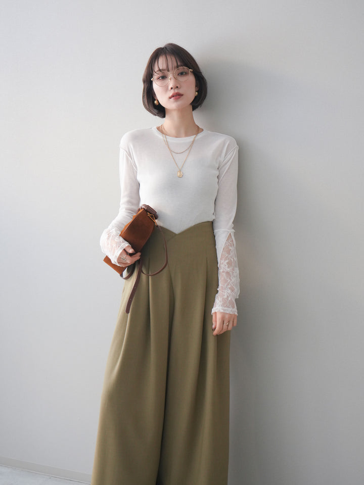 [予約]袖レースレイヤードデザインメロートップス/white