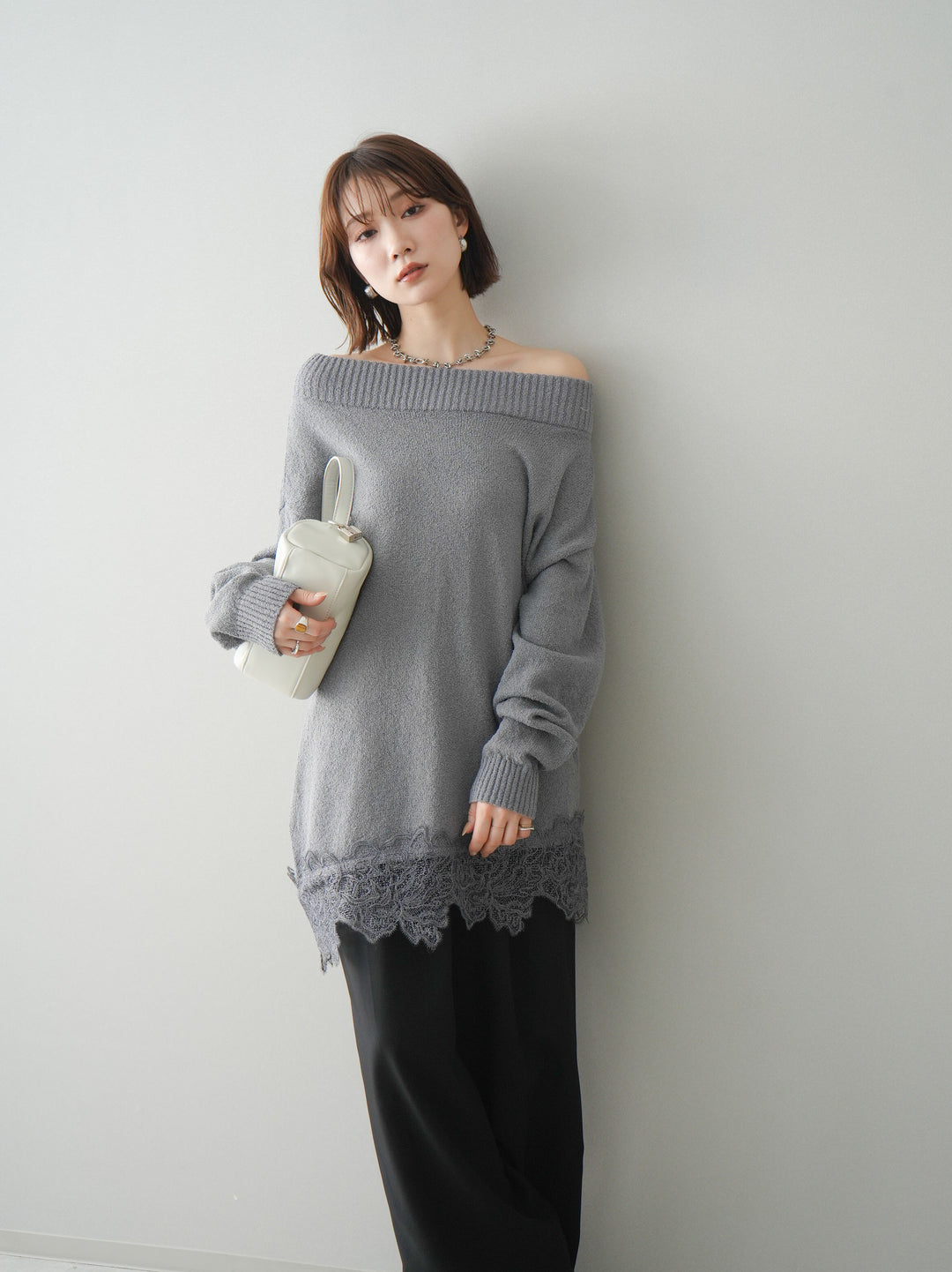[SET]アシンメトリーレースヘムニットプルオーバー+選べるアクセセット(2set)