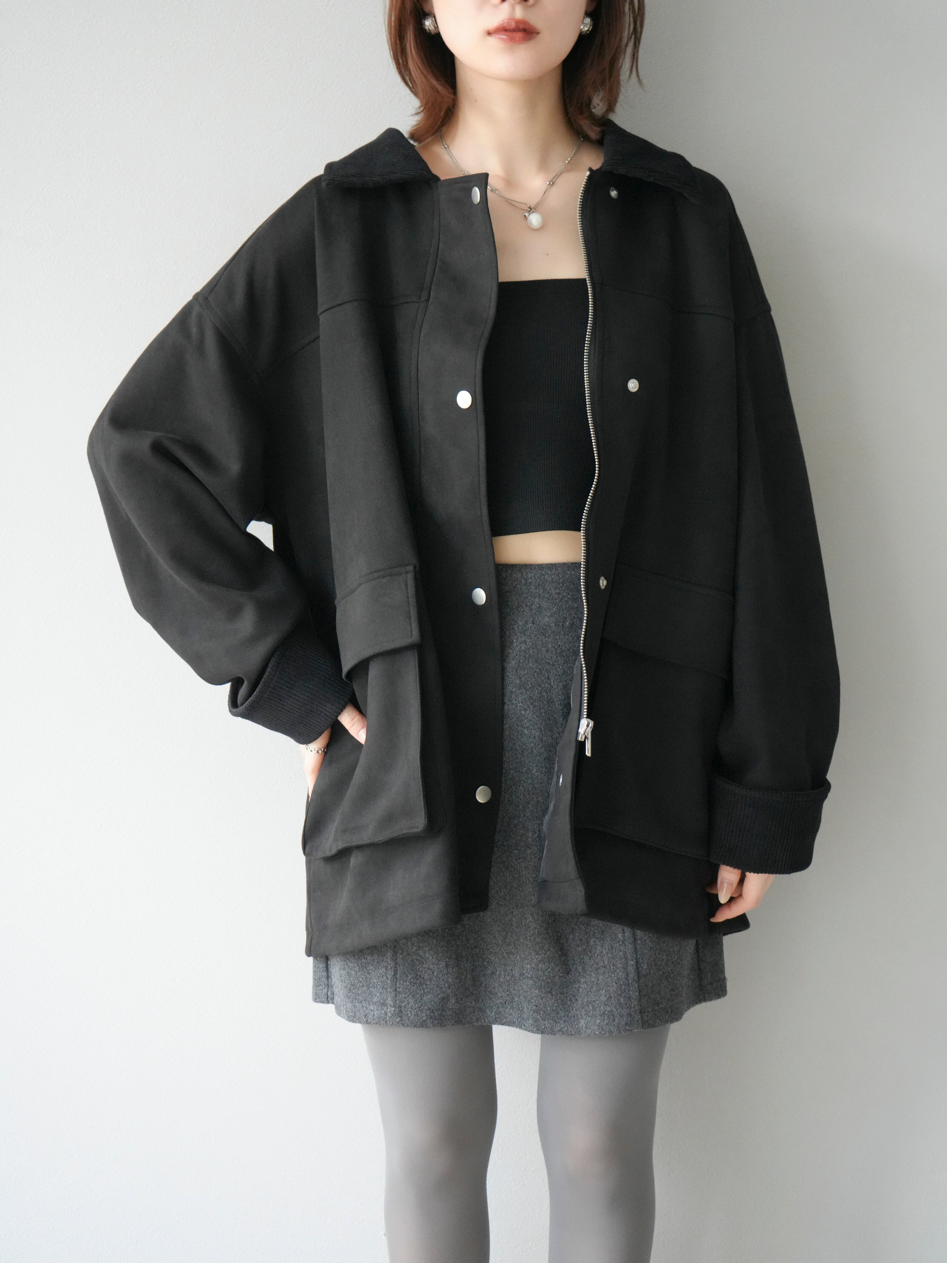 予約]コーデュロイ襟スウェードミドルジャケット /ブラック – Lumier