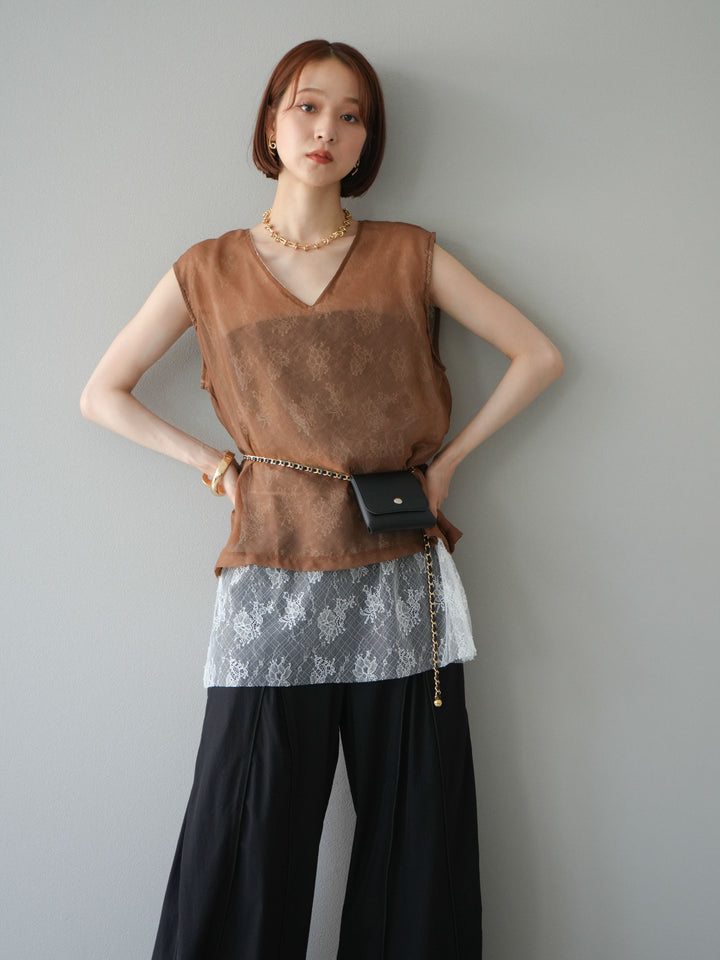 [予約]レースレイヤードオーガンジートップス/ブラウン