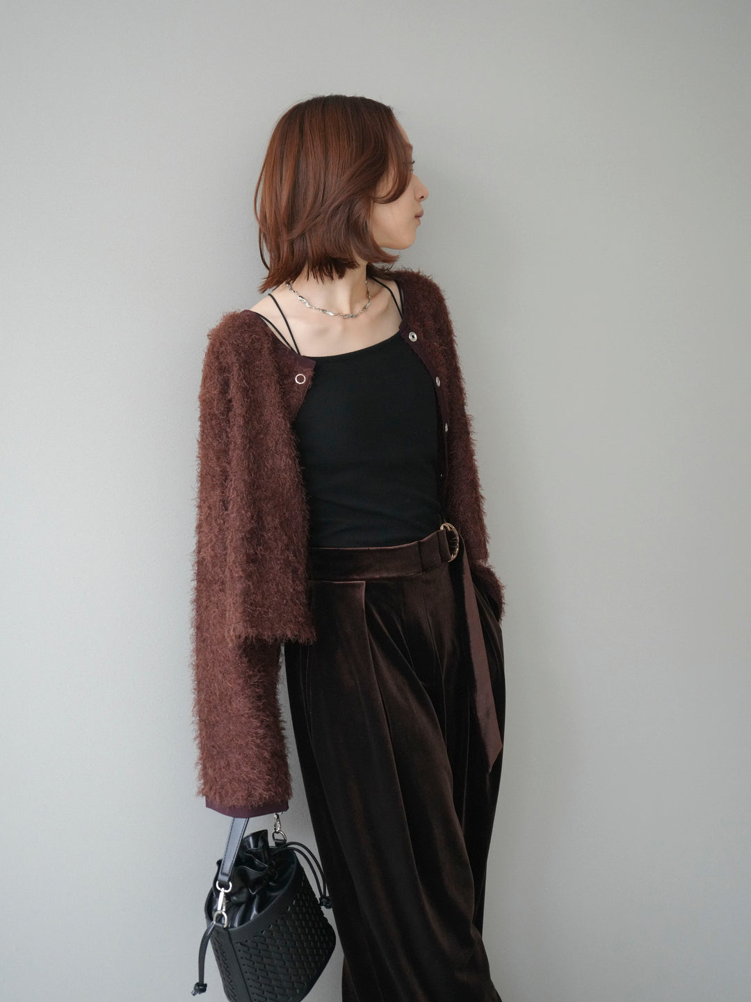 [予約]バイカラー2WAYシャギーニットカーディガン/brown