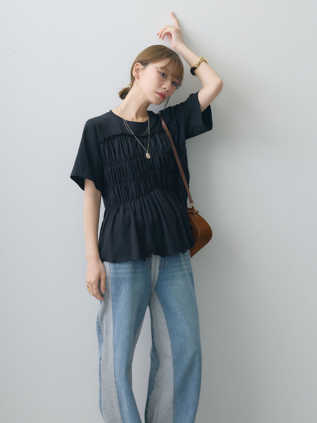 [SET]クールタッチシャーリングTEE+デニム切替スウェットパンツ(2set)