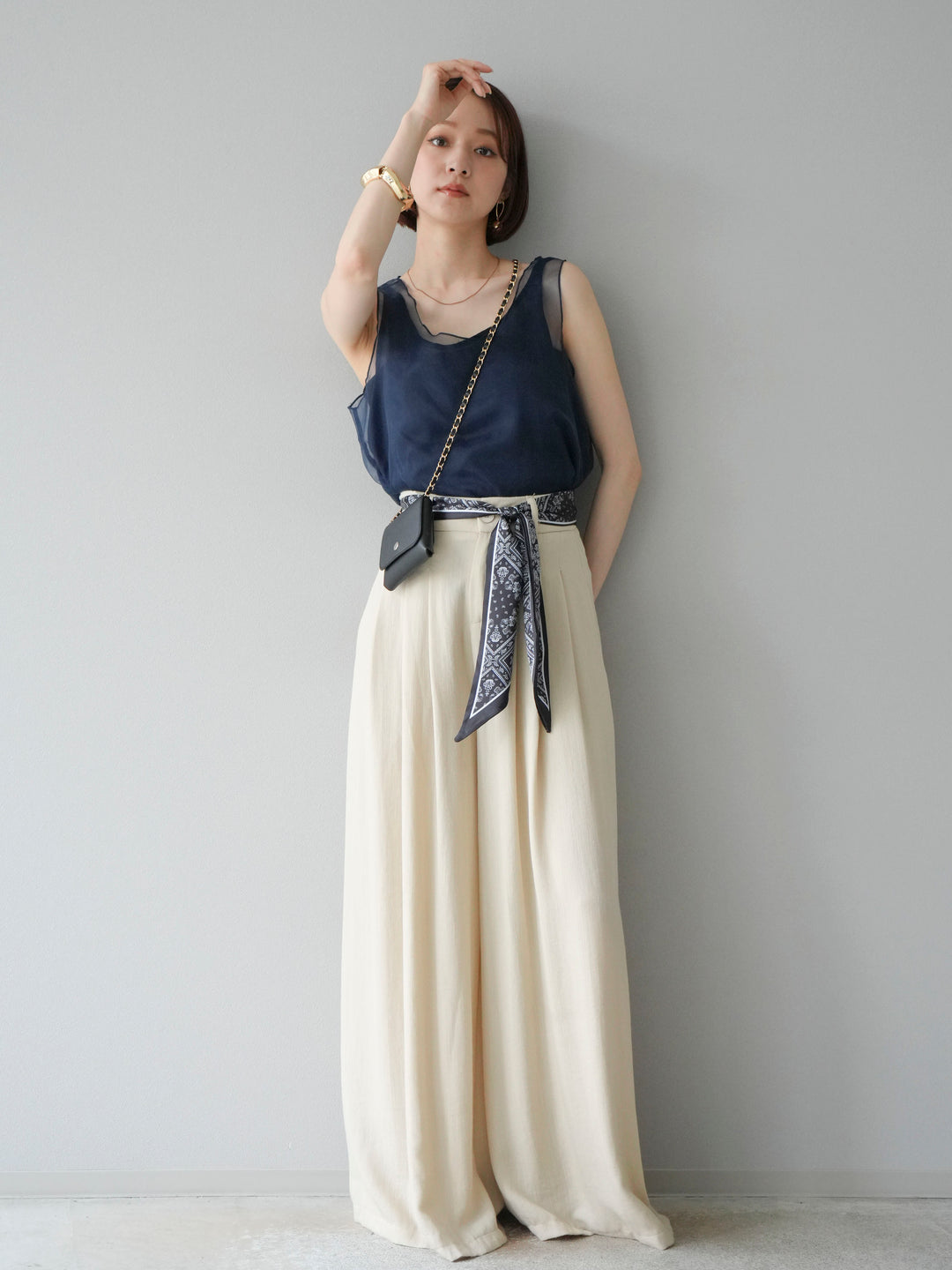 [予約]スカーフベルト付3タックワイドパンツ/ベージュ