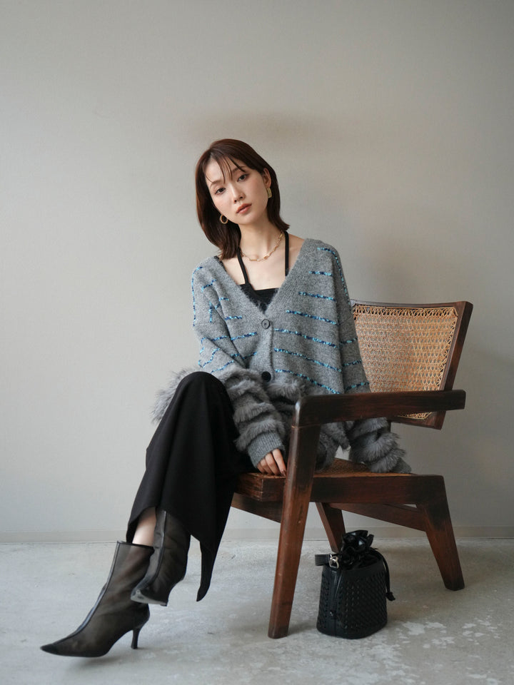 [予約]フェザーライン配色シャギーニットカーディガン/グレー