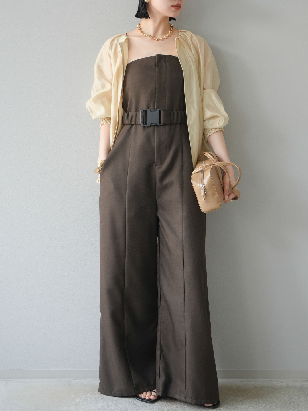 【預購】混色斜紋腰帶熊圖案工裝褲/棕色