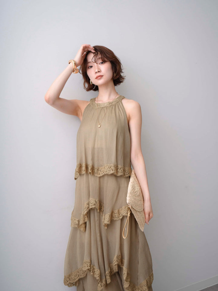 [予約]レースヘムティアードノースリドレス/khaki