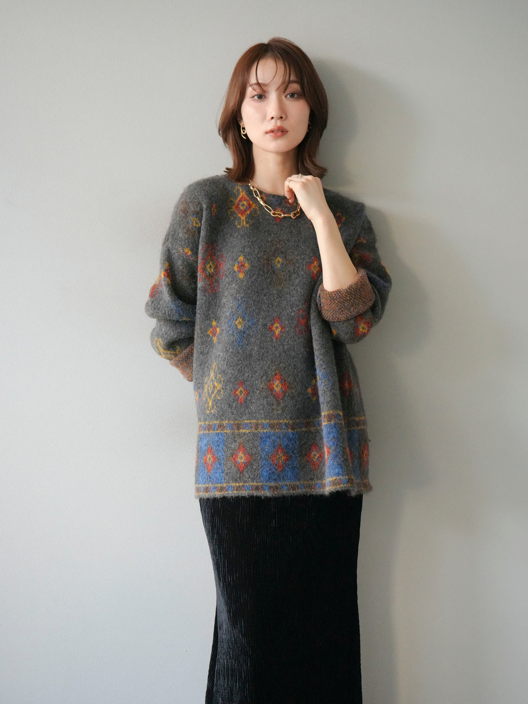 [予約]ヴィンテージ柄オーバーニットプルオーバー/チャコール