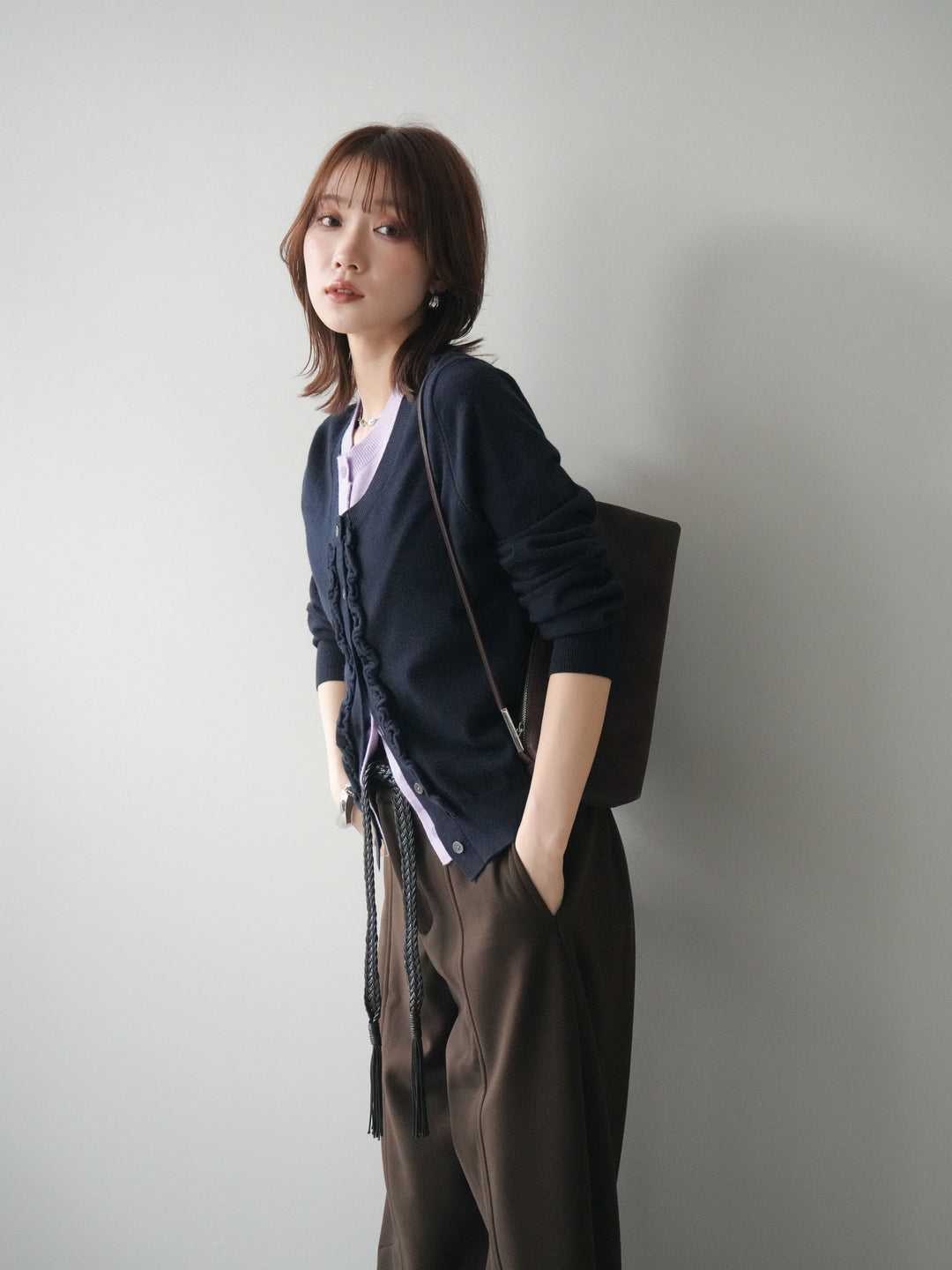 [予約]配色レイヤードフリルデザインニットカーディガン/black