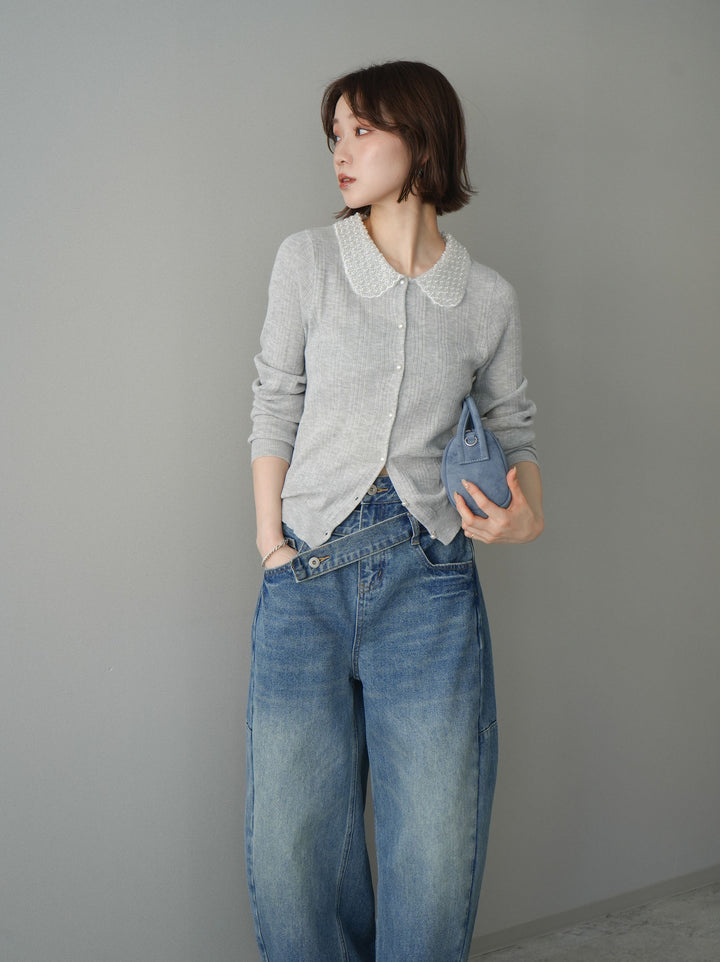 [予約]ビジュー襟パールボタンニットカーディガン/gray