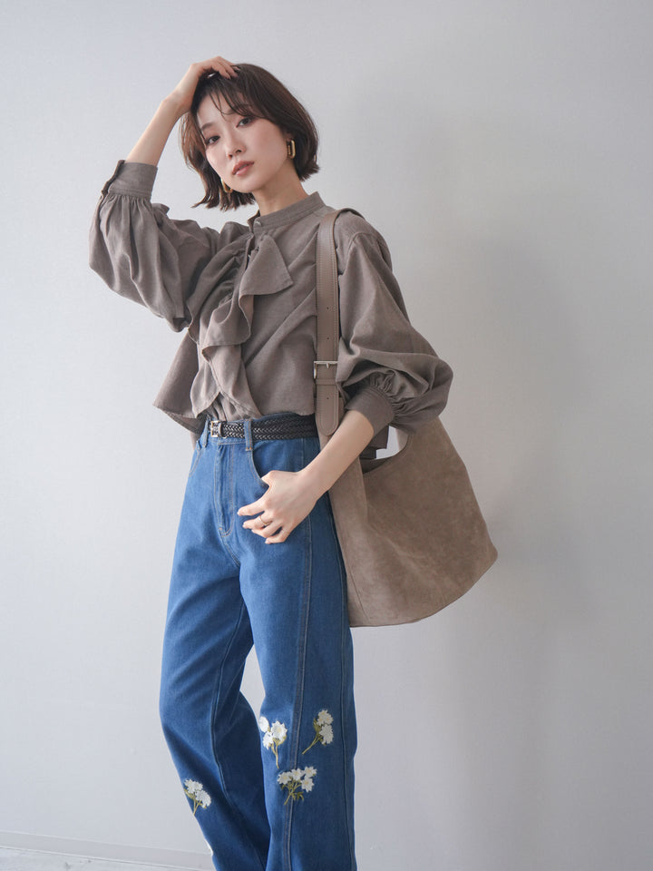 [SET]ラッフルフレアショートブラウス+フラワー刺繍ストレートデニム(2set)