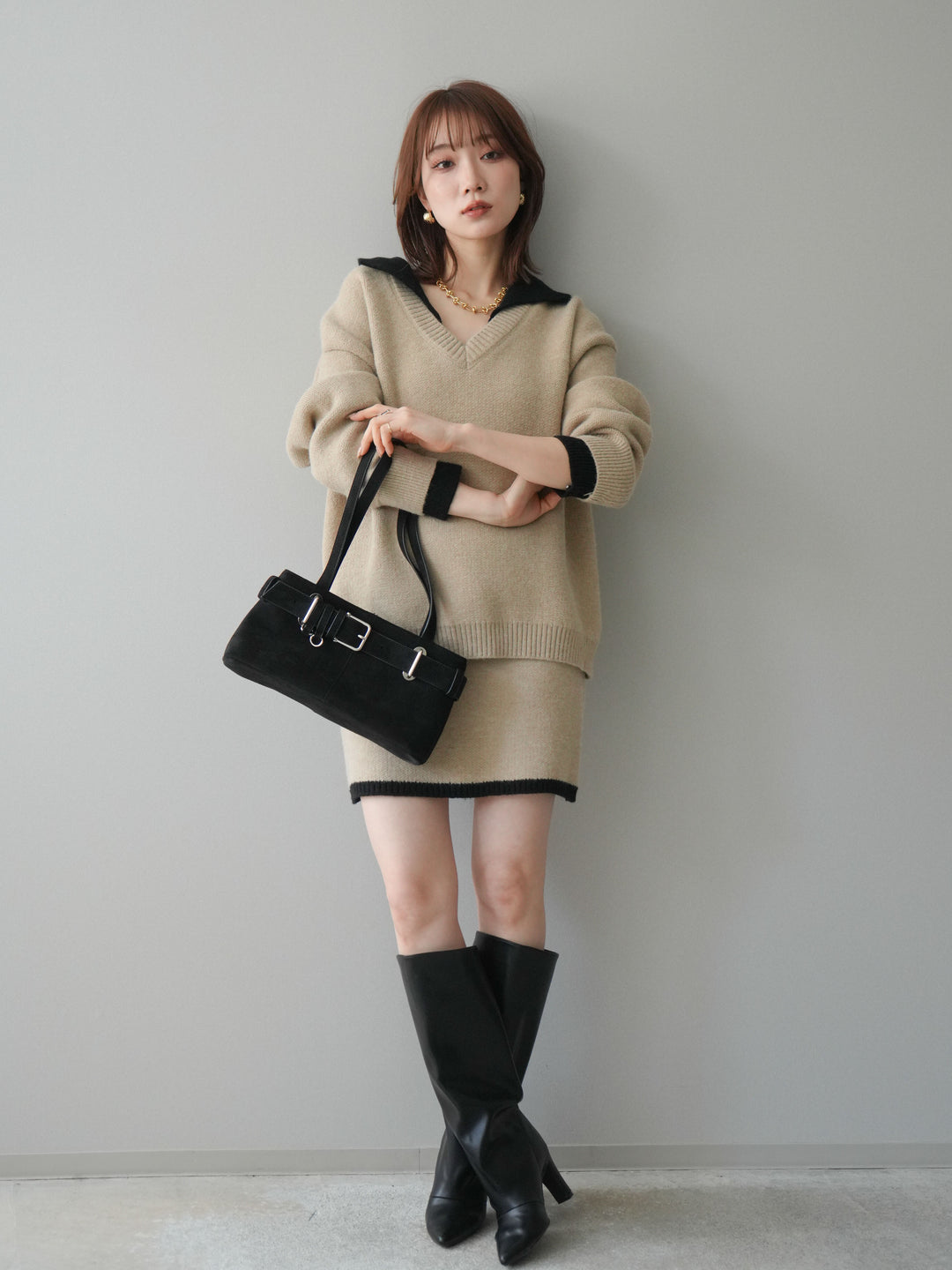 [SET]配色襟ニット＆ミニスカートSET UP+配色襟ニット＆ミニスカートSET UP(2set)