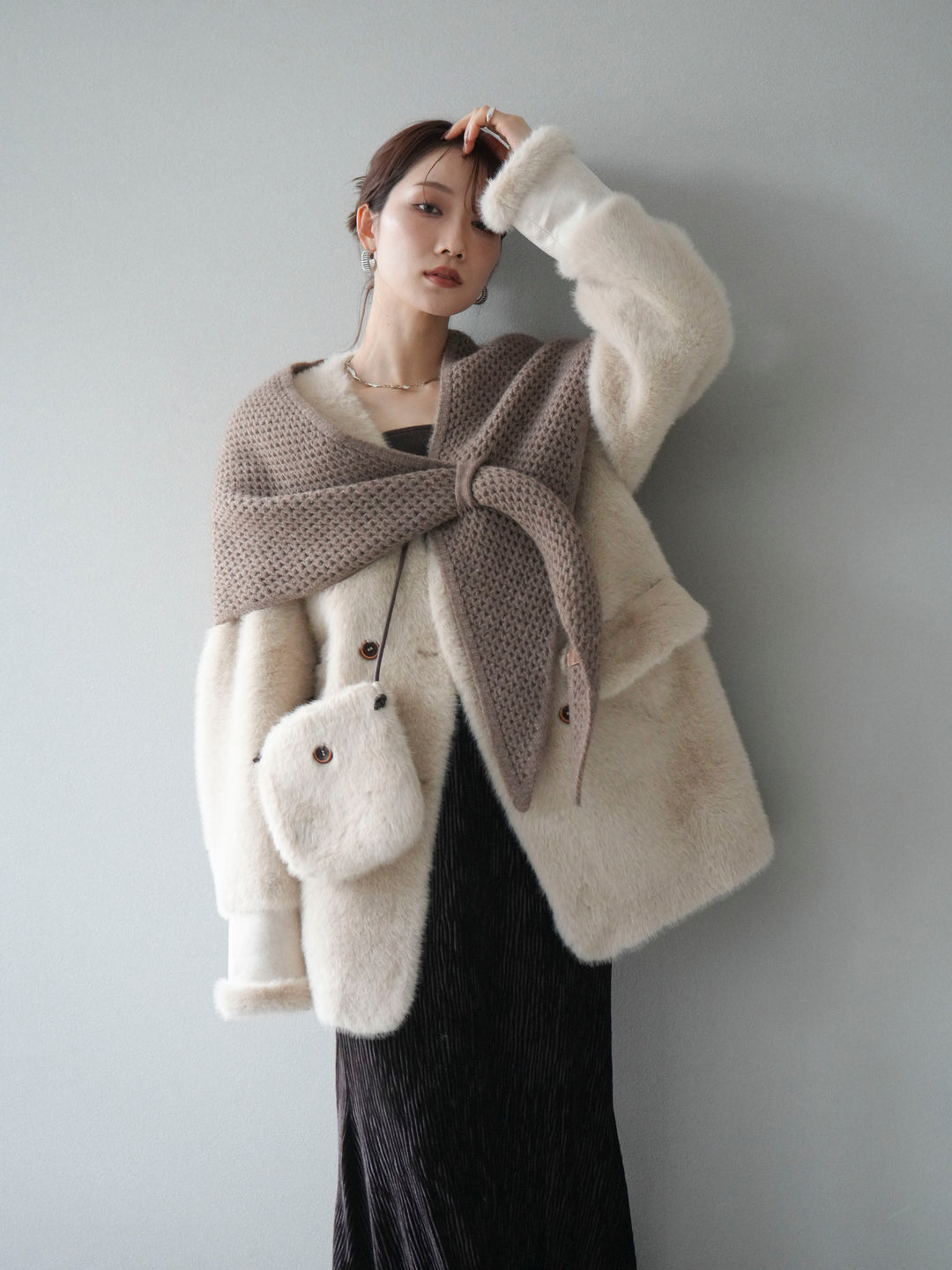 [予約]バッグ付エコファーノーカラーコート/beige