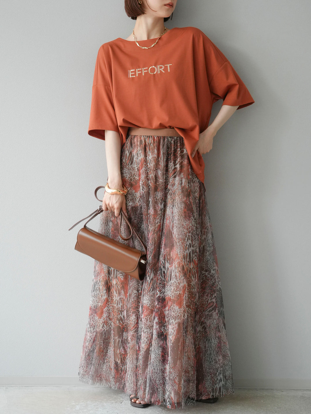 [予約]異素材メタリックロゴ刺繍×プリントTシャツ/オレンジ