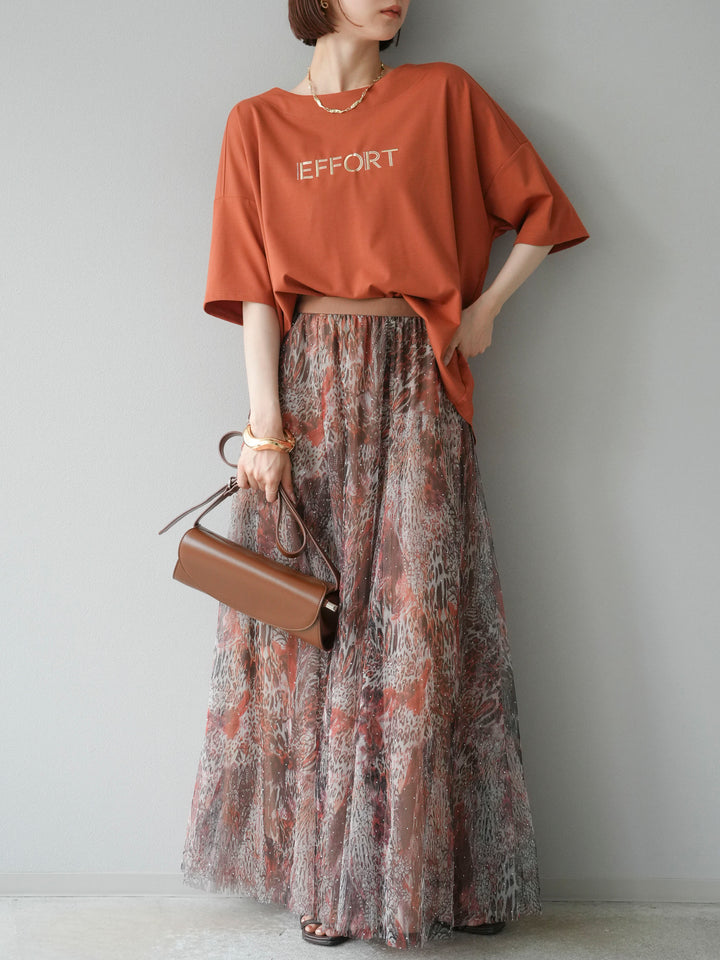 [予約]異素材メタリックロゴ刺繍×プリントTシャツ/オレンジ